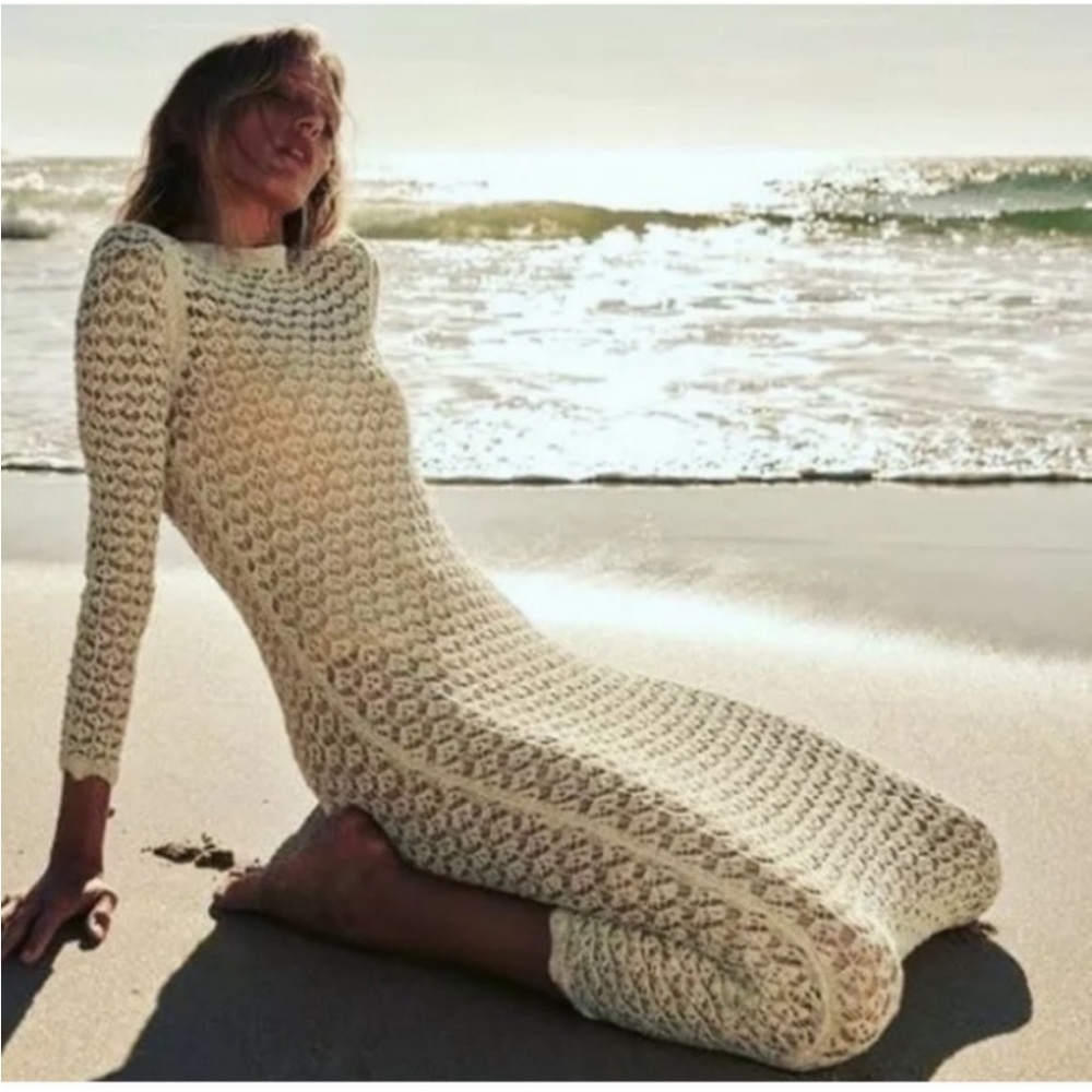 Zara Long Sleeve Crochet Maxi Dress Size M